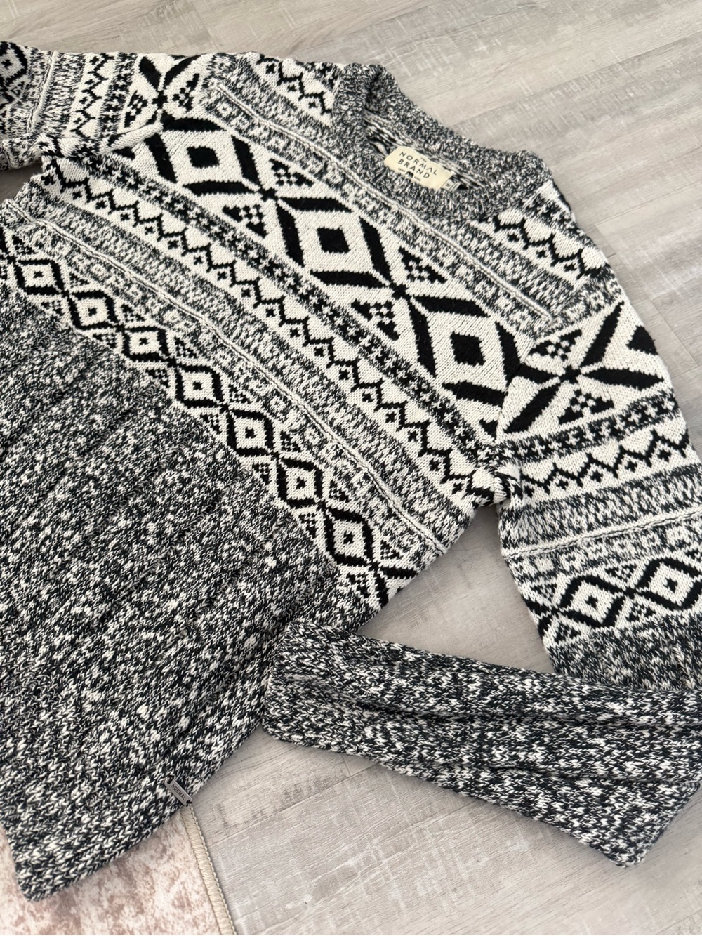 The Normal Brand Koda Jacquard Black & White Patterned Crewneck Sweater, Medium